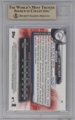 Cody Bellinger from the 2017 Bowman Chrome set featuring a Blue Refractor parallel graded by Beckett and given an overall grade of 10.