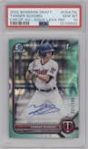 Tanner Schobel from the 2022 Bowman Draft set featuring a Aqua Lava Refractor parallel graded by PSA and given an overall grade of 10.