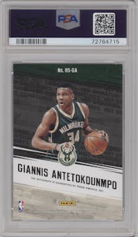 Giannis Antetokounmpo from the 2017-18 Panini NBA Hoops set featuring a Red Hot Signatures parallel graded by PSA and given an overall grade of 8.