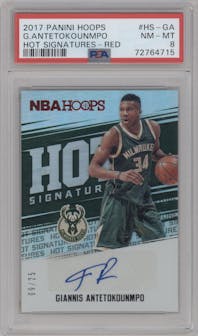 Giannis Antetokounmpo from the 2017-18 Panini NBA Hoops set featuring a Red Hot Signatures parallel graded by PSA and given an overall grade of 8.