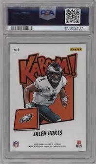 Jalen Hurts from the 2023 Panini Absolute set graded by PSA and given an overall grade of 10.