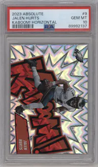 Jalen Hurts from the 2023 Panini Absolute set graded by PSA and given an overall grade of 10.