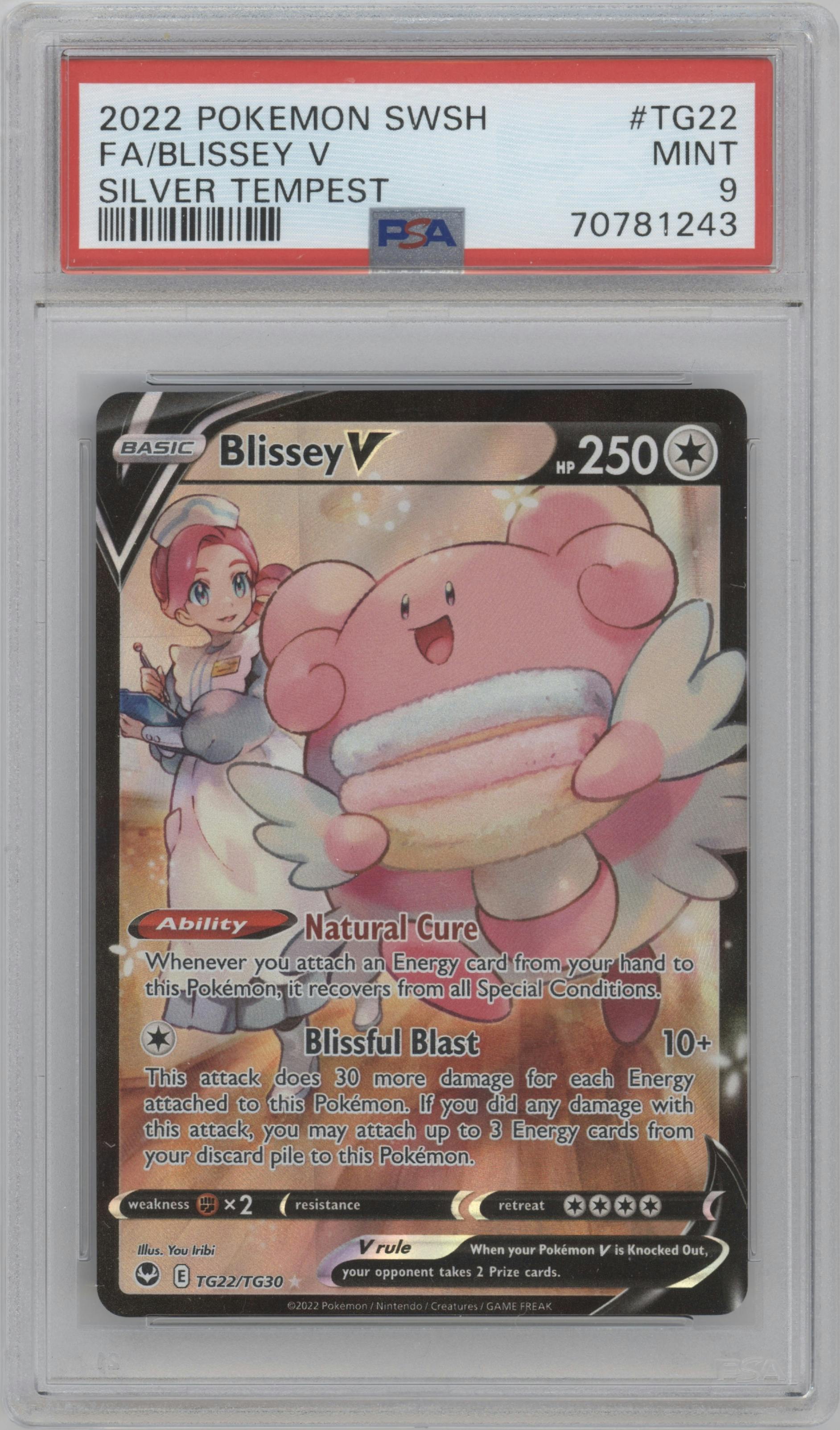 Blissey V from the 2022 Pokemon SWSH set graded by PSA and given an overall grade of 9.