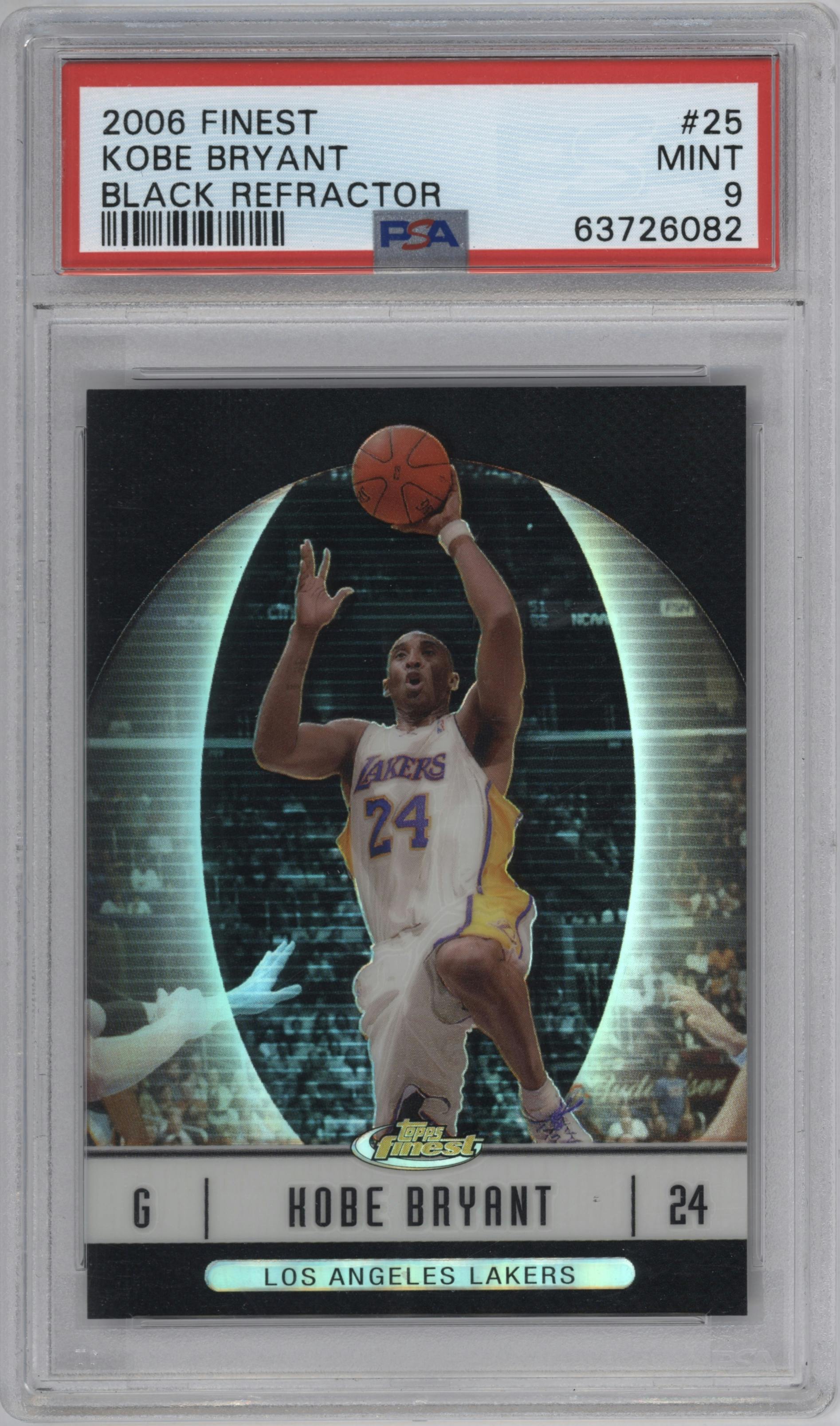 Kobe Bryant from the 2006-07 Topps Finest set featuring a Black Refractor parallel graded by PSA and given an overall grade of 9.
