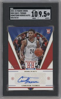 Cameron Thomas from the 2021-22 Panini Chronicles set featuring a Gold  parallel graded by SGC and given an overall grade of 9.5.