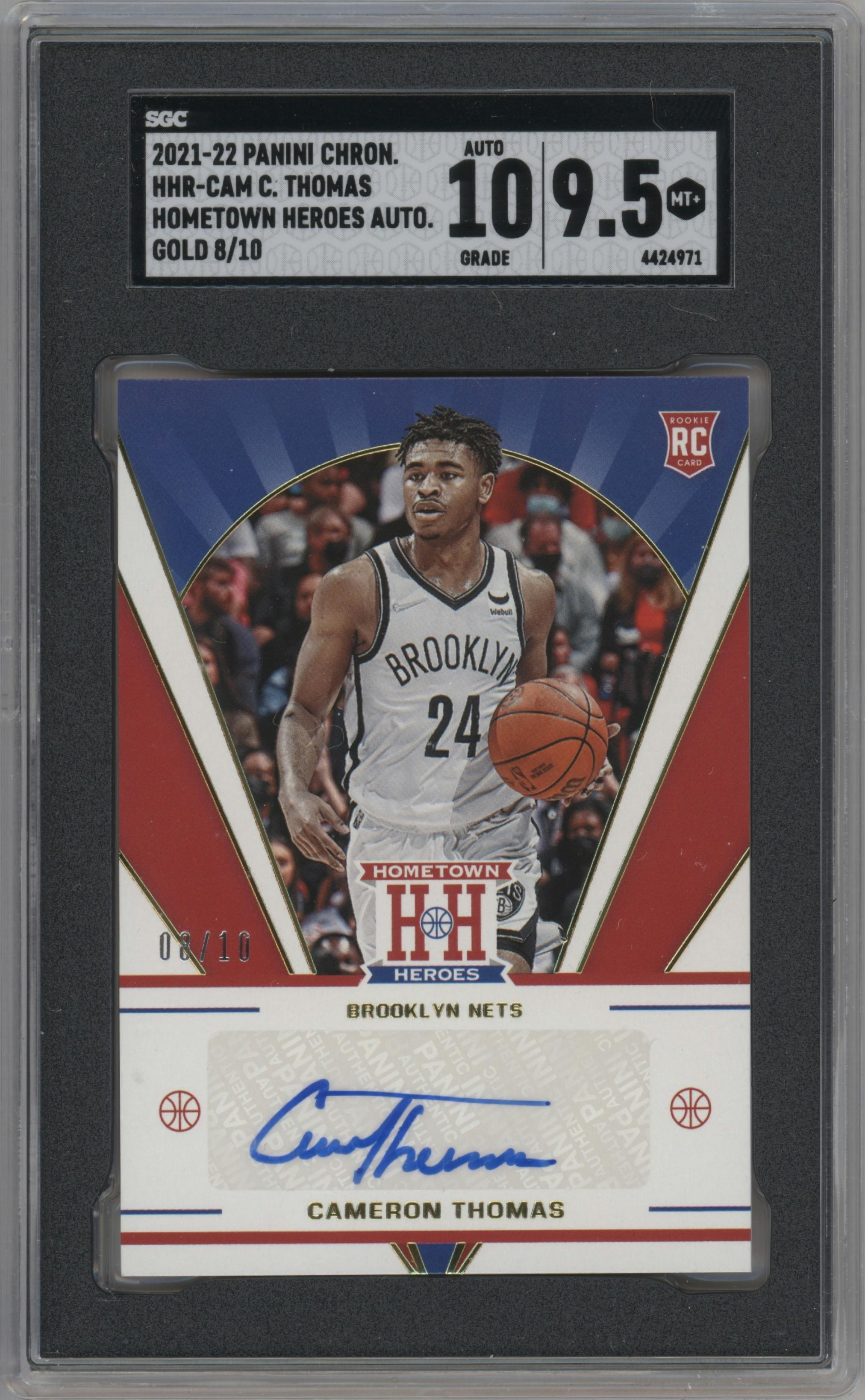Cameron Thomas from the 2021-22 Panini Chronicles set featuring a Gold  parallel graded by SGC and given an overall grade of 9.5.