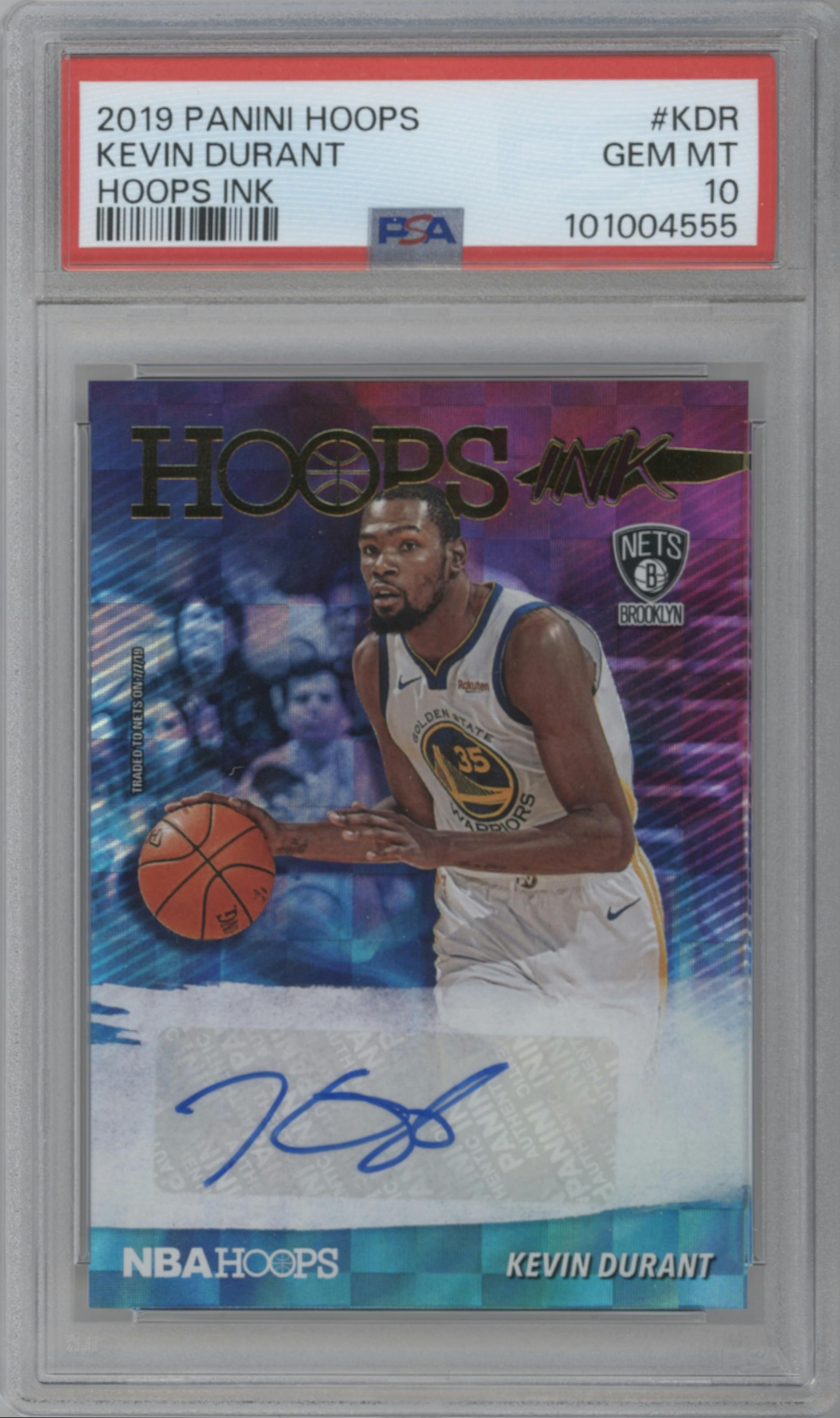 Kevin Durant from the 2019-20 Panini NBA Hoops set graded by PSA and given an overall grade of 10.