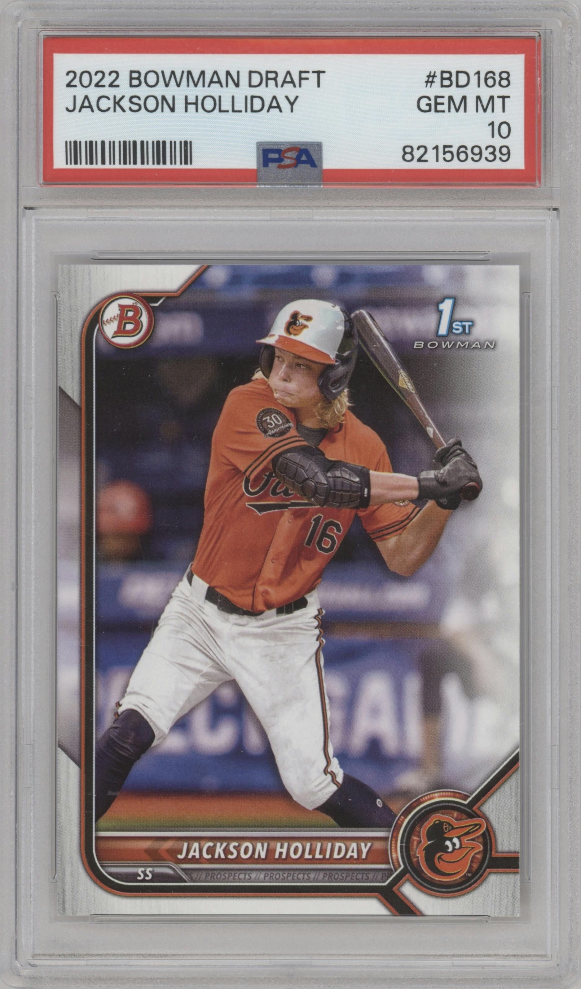 Jackson Holliday from the 2022 Bowman Draft set graded by PSA and given an overall grade of 10.