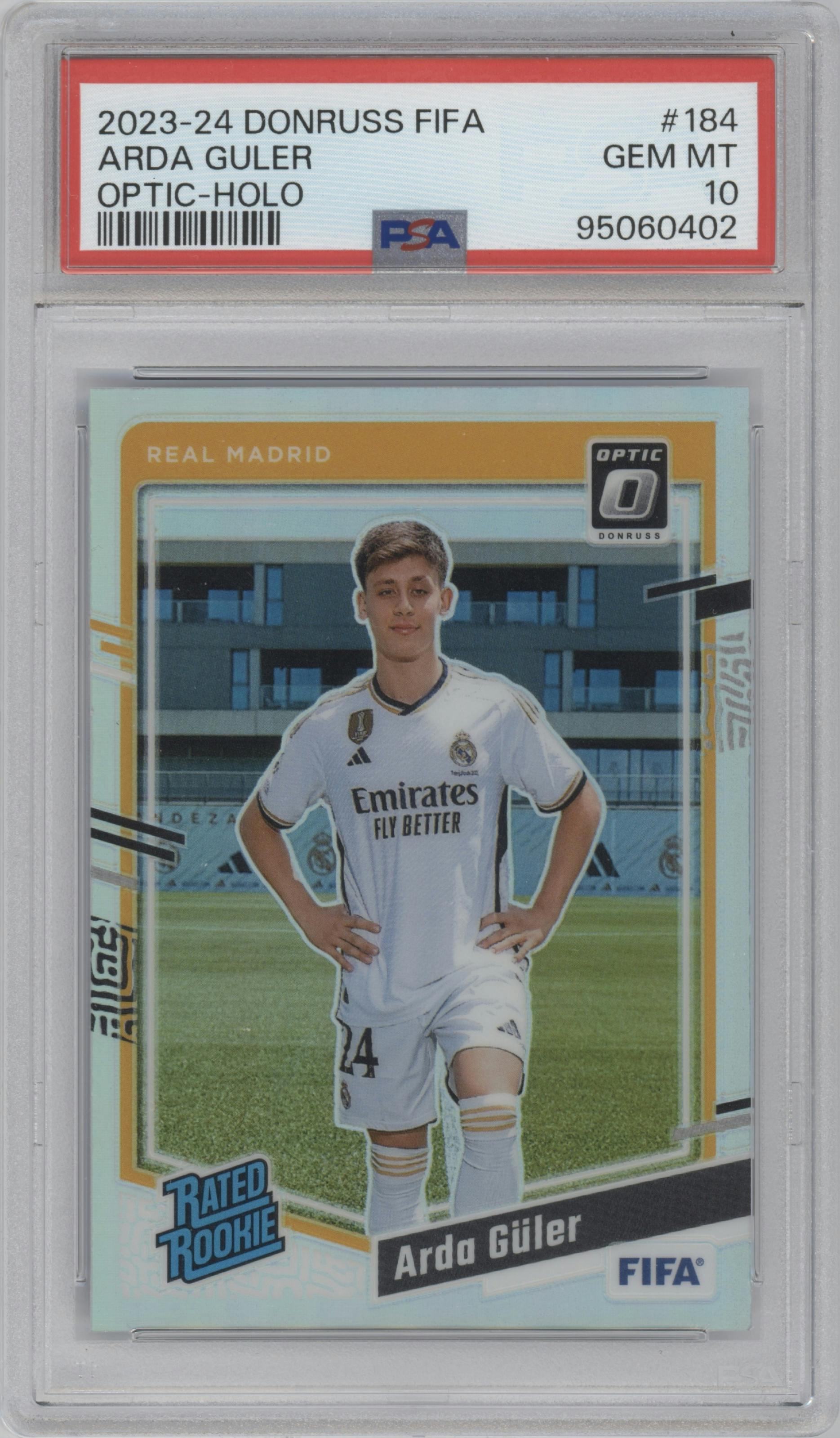 Arda Guler from the 2023-24 Panini Donruss set featuring a Holo parallel graded by PSA and given an overall grade of 10.