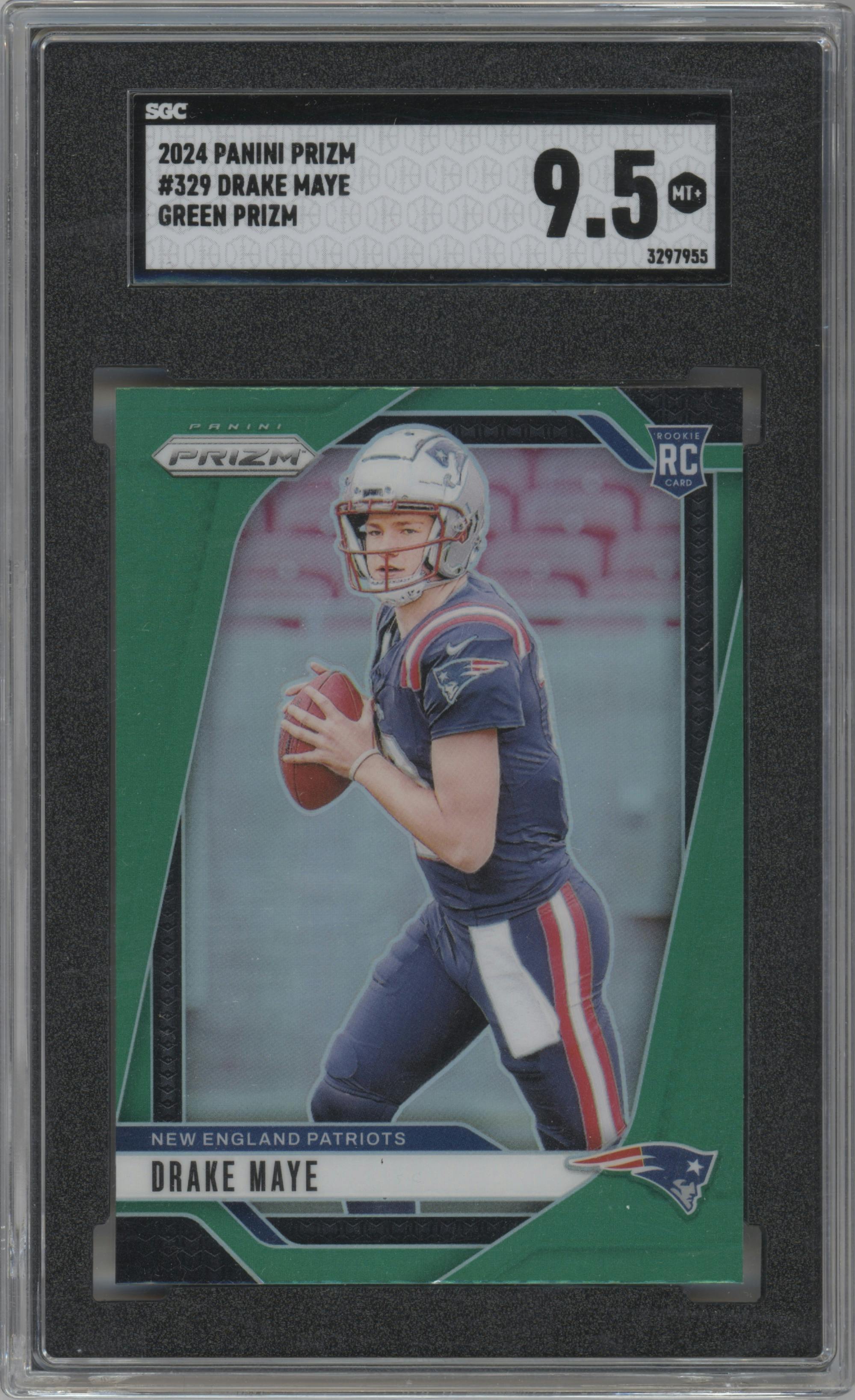 Drake Maye from the 2024 Panini Prizm set featuring a Green Prizm parallel graded by SGC and given an overall grade of 9.5.