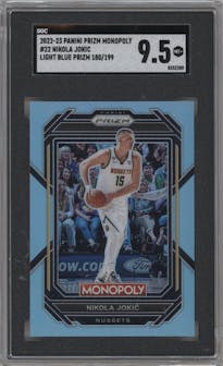 Nikola Jokic from the 2022-23 Panini Prizm Monopoly set featuring a Light Blue Prizm parallel graded by SGC and given an overall grade of 9.5.