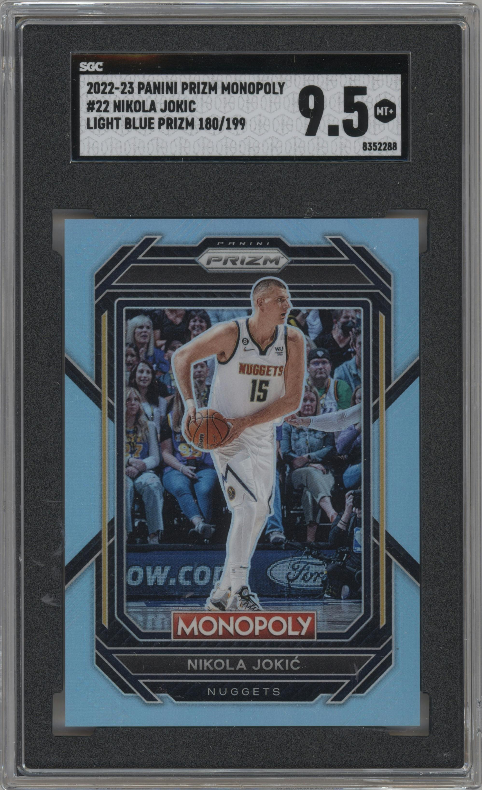 Nikola Jokic from the 2022-23 Panini Prizm Monopoly set featuring a Light Blue Prizm parallel graded by SGC and given an overall grade of 9.5.
