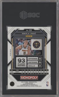 Nikola Jokic from the 2022-23 Panini Prizm Monopoly set featuring a Light Blue Prizm parallel graded by SGC and given an overall grade of 9.5.