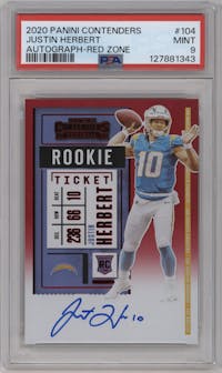 Justin Herbert from the 2020 Panini Contenders set featuring a Red Zone parallel graded by PSA and given an overall grade of 9.