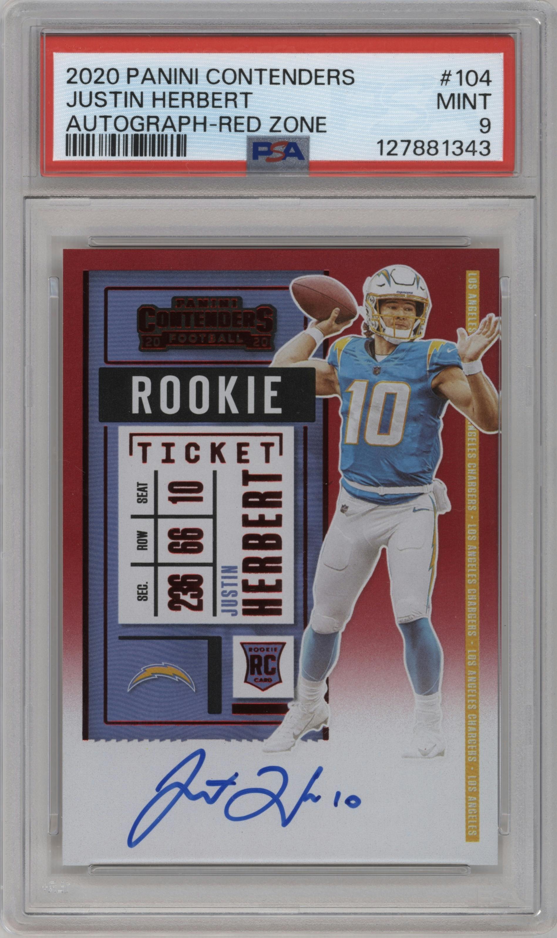Justin Herbert from the 2020 Panini Contenders set featuring a Red Zone parallel graded by PSA and given an overall grade of 9.