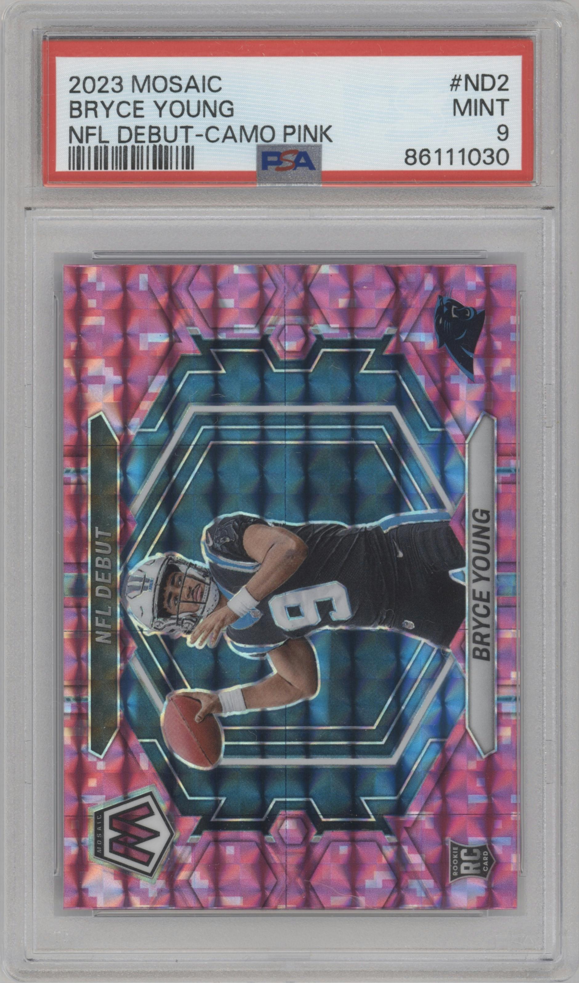 Bryce Young from the 2023 Panini Mosaic set featuring a Pink Camo parallel graded by PSA and given an overall grade of 9.