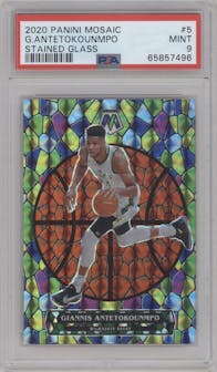 Giannis Antetokounmpo from the 2020-21 Panini Mosaic set graded by PSA and given an overall grade of 9.