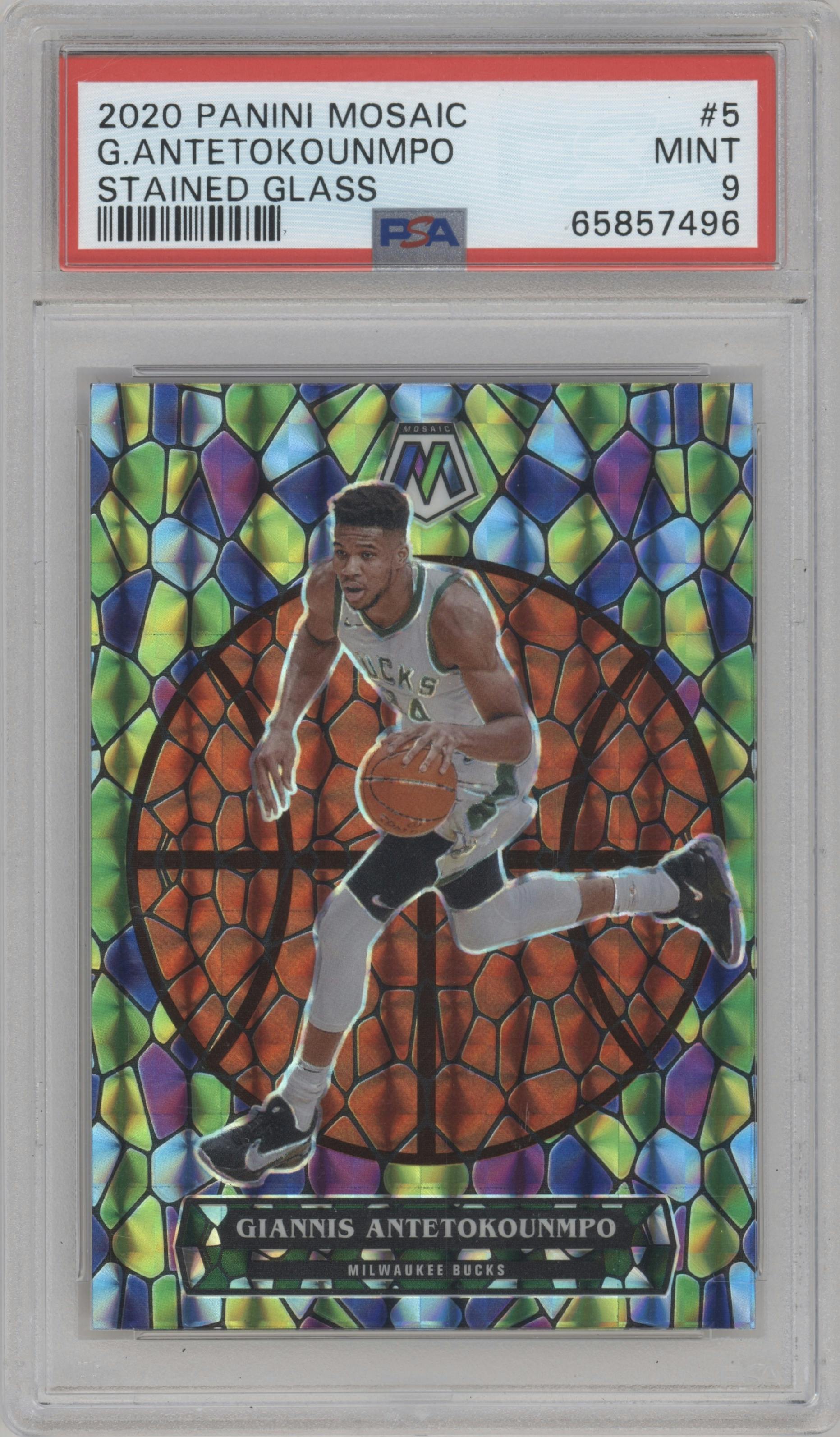 Giannis Antetokounmpo from the 2020-21 Panini Mosaic set graded by PSA and given an overall grade of 9.