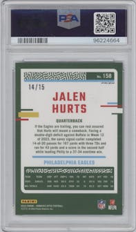 Jalen Hurts from the 2023 Donruss Optic set featuring a Purple Stars parallel graded by PSA and given an overall grade of 10.