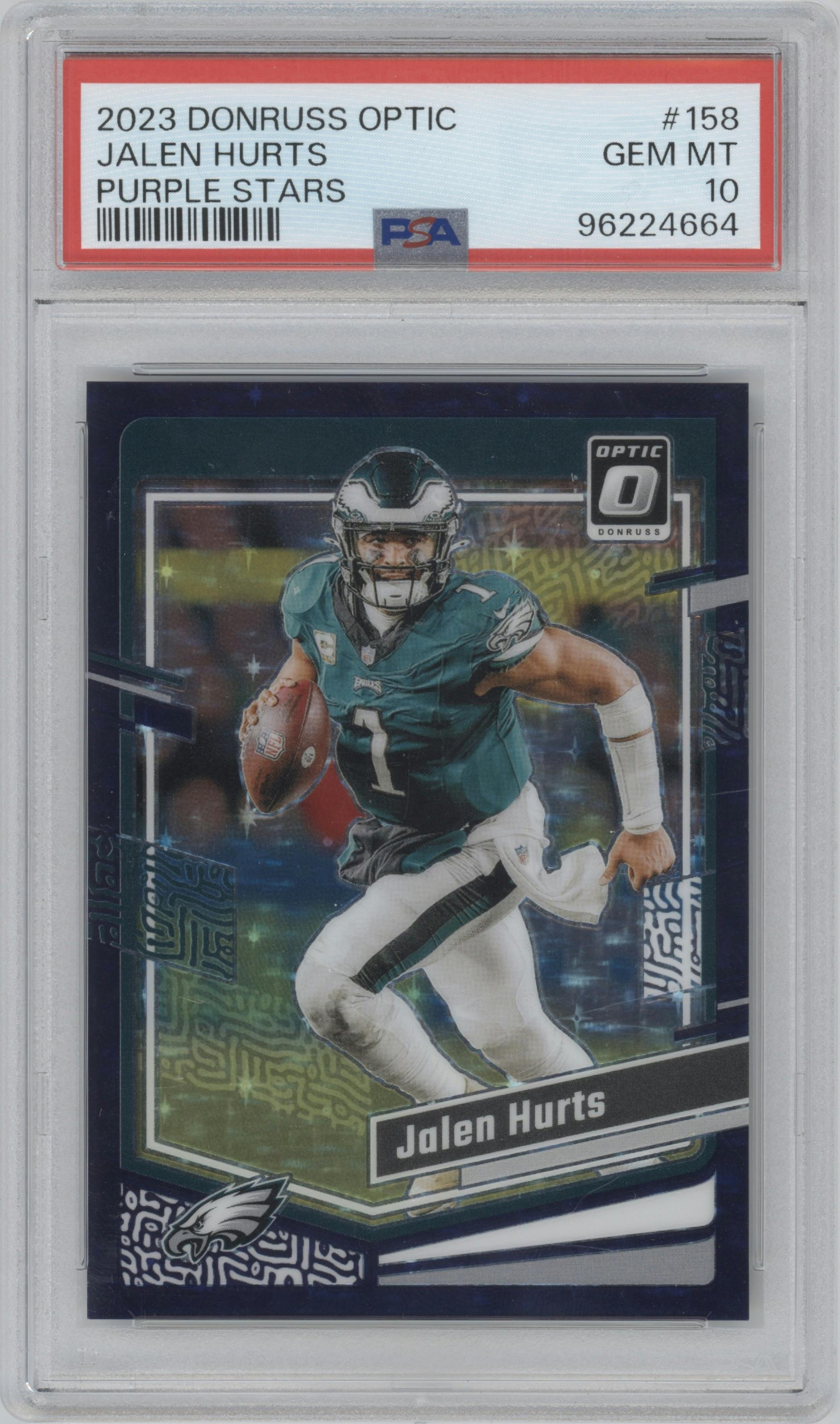 Jalen Hurts from the 2023 Donruss Optic set featuring a Purple Stars parallel graded by PSA and given an overall grade of 10.