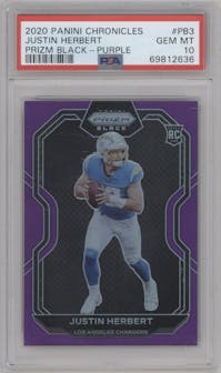 Justin Herbert from the 2020 Panini Chronicles set featuring a Purple parallel graded by PSA and given an overall grade of 10.