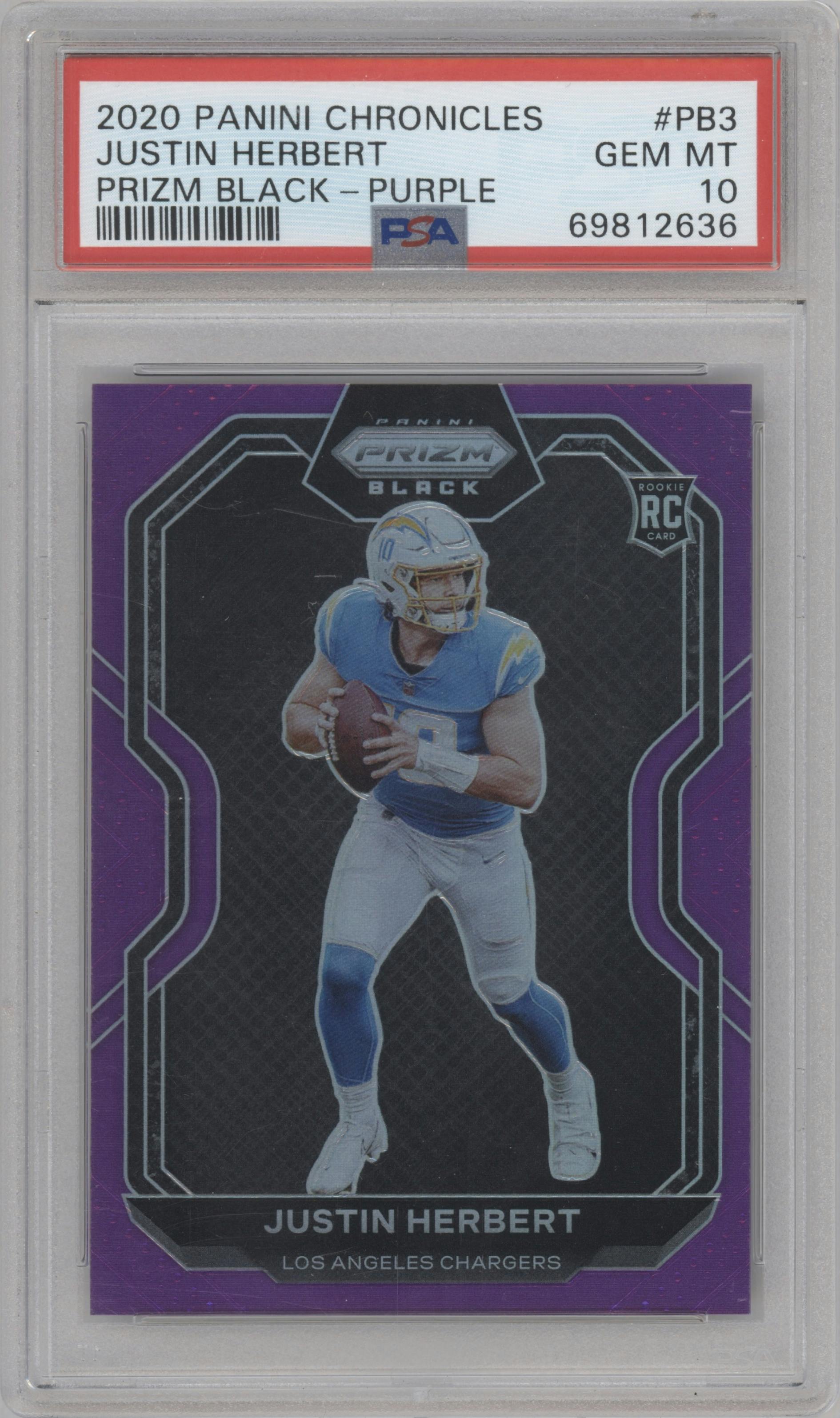 Justin Herbert from the 2020 Panini Chronicles set featuring a Purple parallel graded by PSA and given an overall grade of 10.