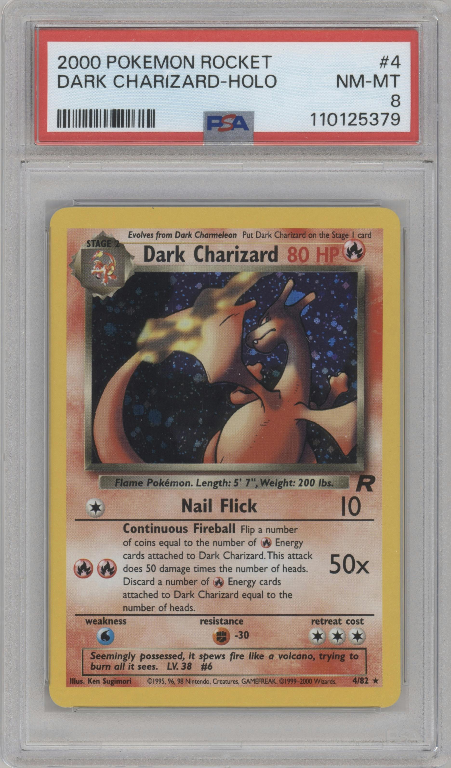 Dark Charizard from the 2000 Pokemon set graded by PSA and given an overall grade of 8.