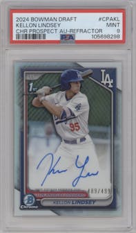 Kellon Lindsey from the 2024 Bowman Draft set featuring a Refractor parallel graded by PSA and given an overall grade of 9.