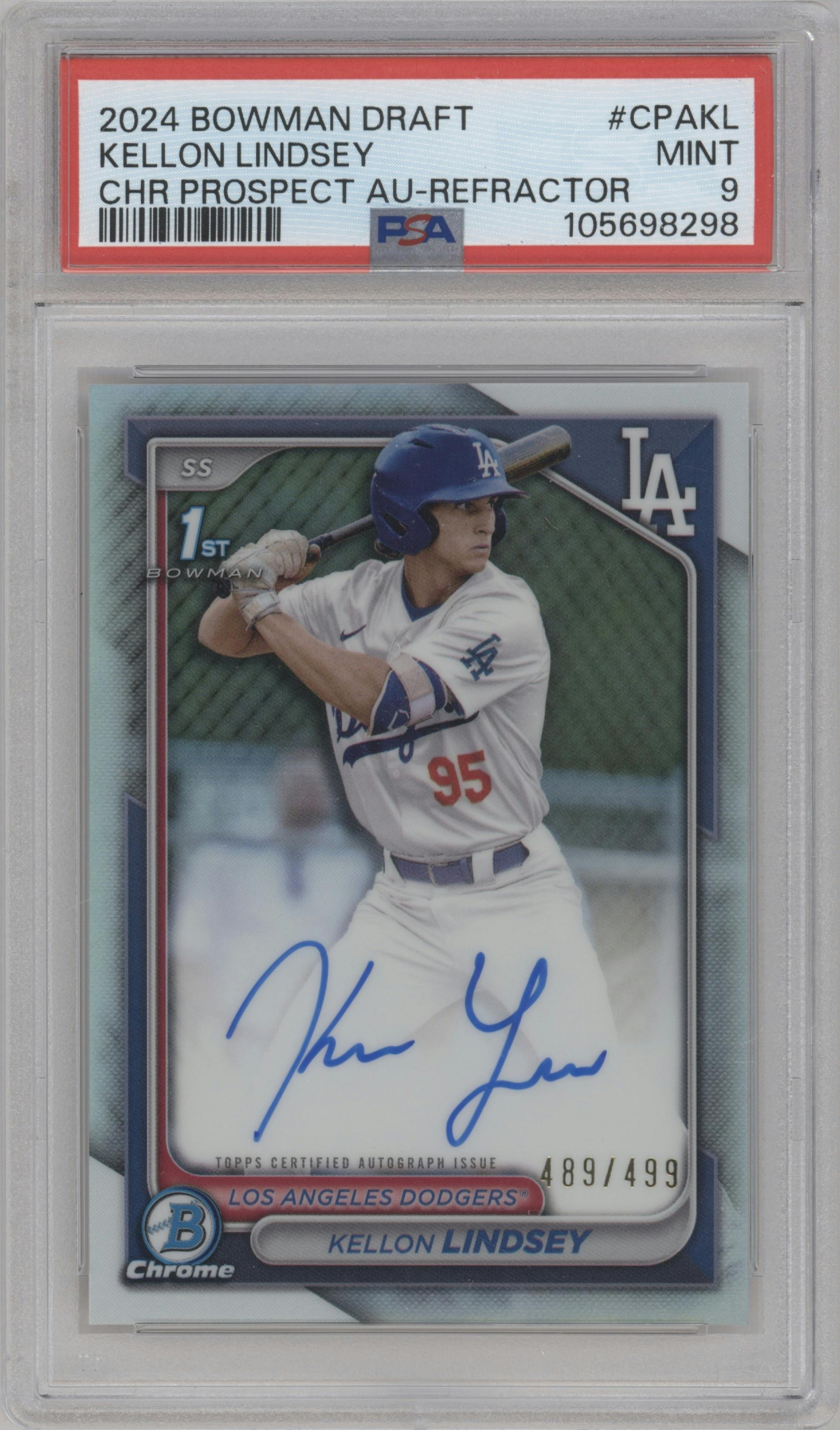 Kellon Lindsey from the 2024 Bowman Draft set featuring a Refractor parallel graded by PSA and given an overall grade of 9.