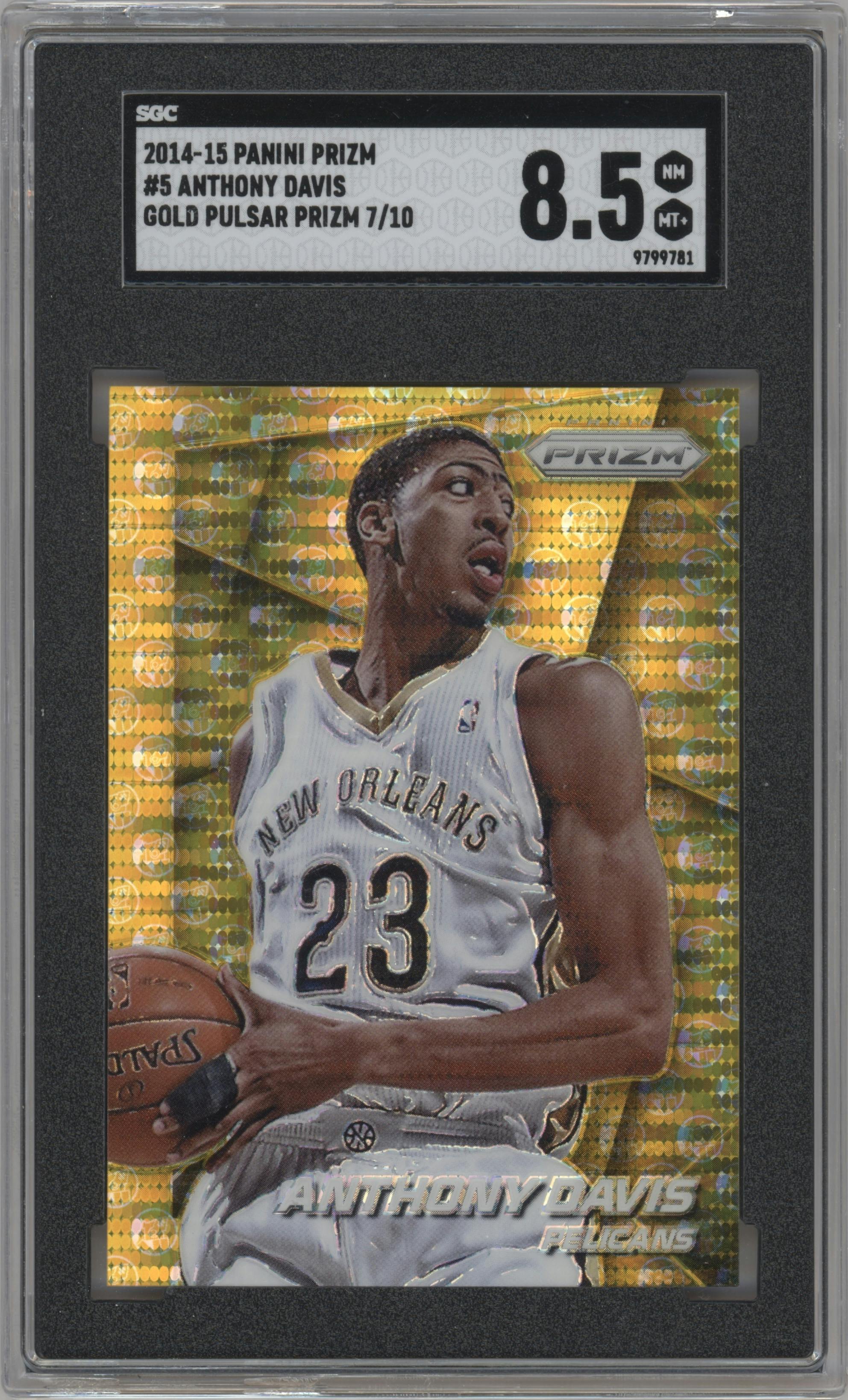 Anthony Davis from the 2014-15 Panini Prizm set featuring a Gold Pulsar parallel graded by SGC and given an overall grade of 8.5.