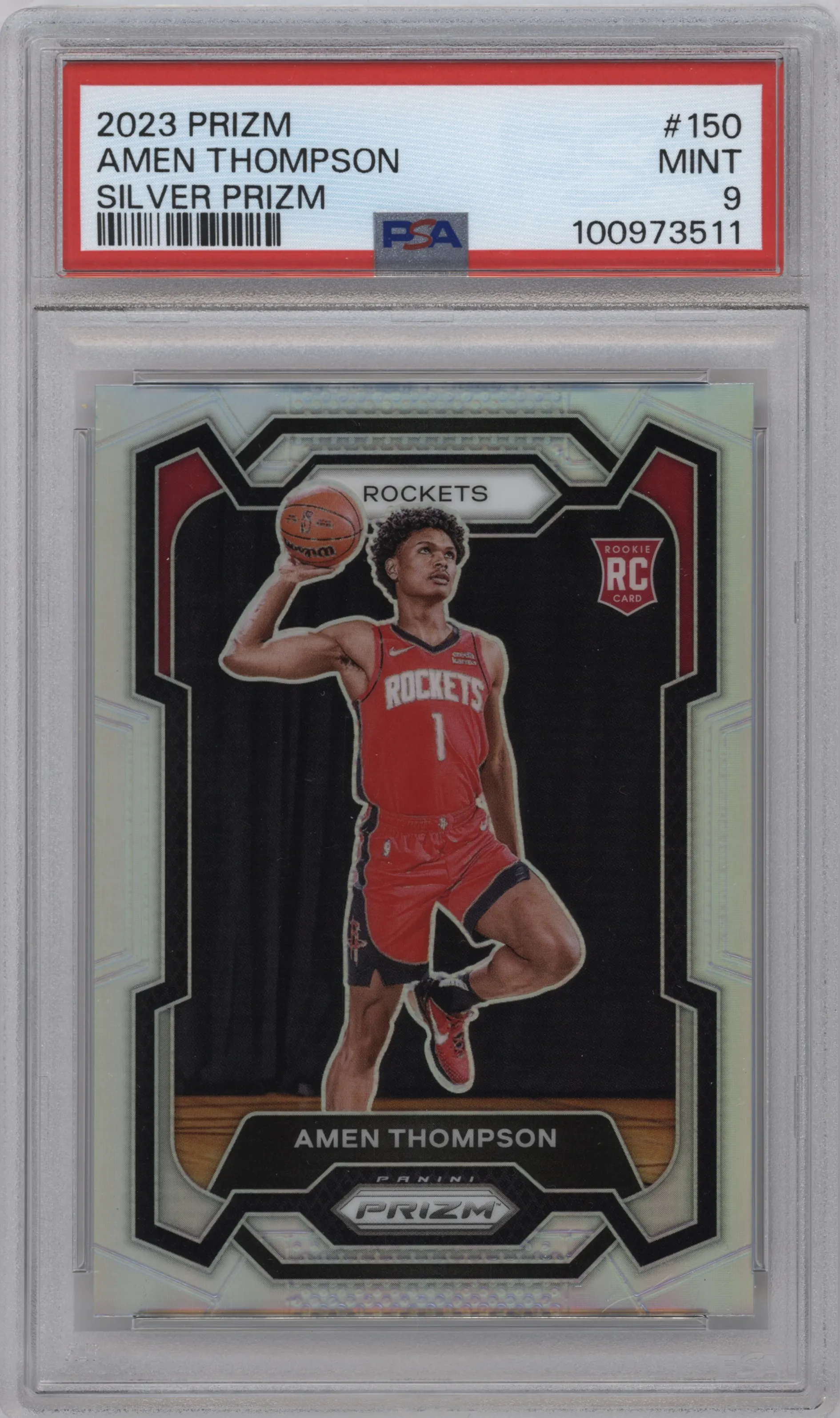 Amen Thompson from the 2023-24 Panini Prizm set featuring a Silver Prizm  parallel graded by PSA and given an overall grade of 9.