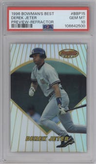 Derek Jeter from the 1996 Bowman's Best set featuring a Refractor parallel graded by PSA and given an overall grade of 10.