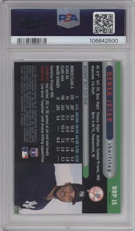 Derek Jeter from the 1996 Bowman's Best set featuring a Refractor parallel graded by PSA and given an overall grade of 10.