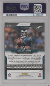 Jalen Hurts from the 2020 Panini Prizm set featuring a No Huddle parallel graded by PSA and given an overall grade of 10.