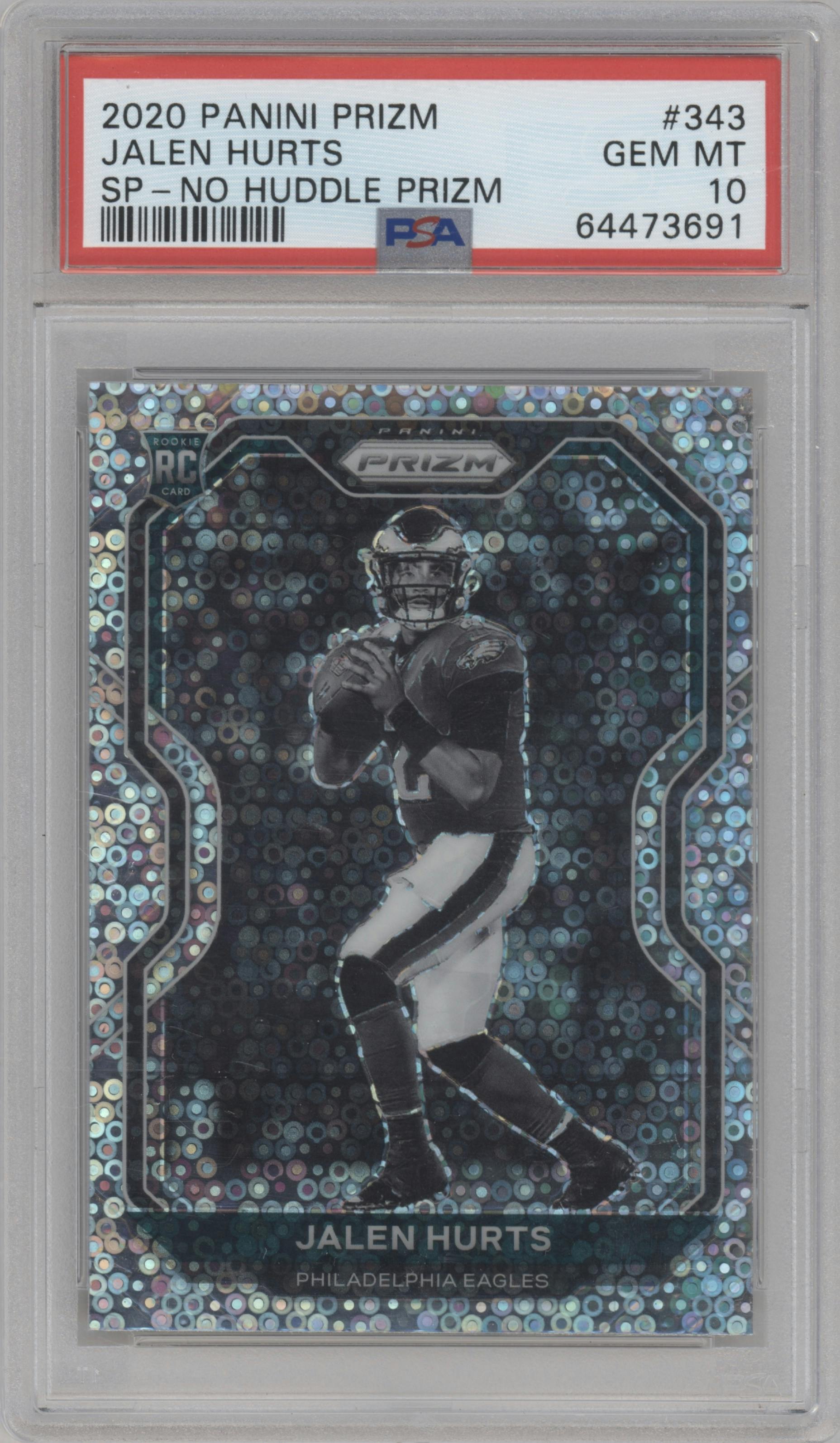 Jalen Hurts from the 2020 Panini Prizm set featuring a No Huddle parallel graded by PSA and given an overall grade of 10.