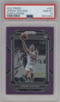 Jeremy Sochan from the 2022-23 Panini Prizm  set featuring a Purple Prizm parallel graded by PSA and given an overall grade of 10.
