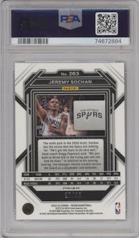 Jeremy Sochan from the 2022-23 Panini Prizm  set featuring a Purple Prizm parallel graded by PSA and given an overall grade of 10.