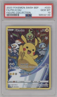 Pikachu from the 2020 Pokemon SWSH set featuring a SWSH Figure Collection parallel graded by PSA and given an overall grade of 10.