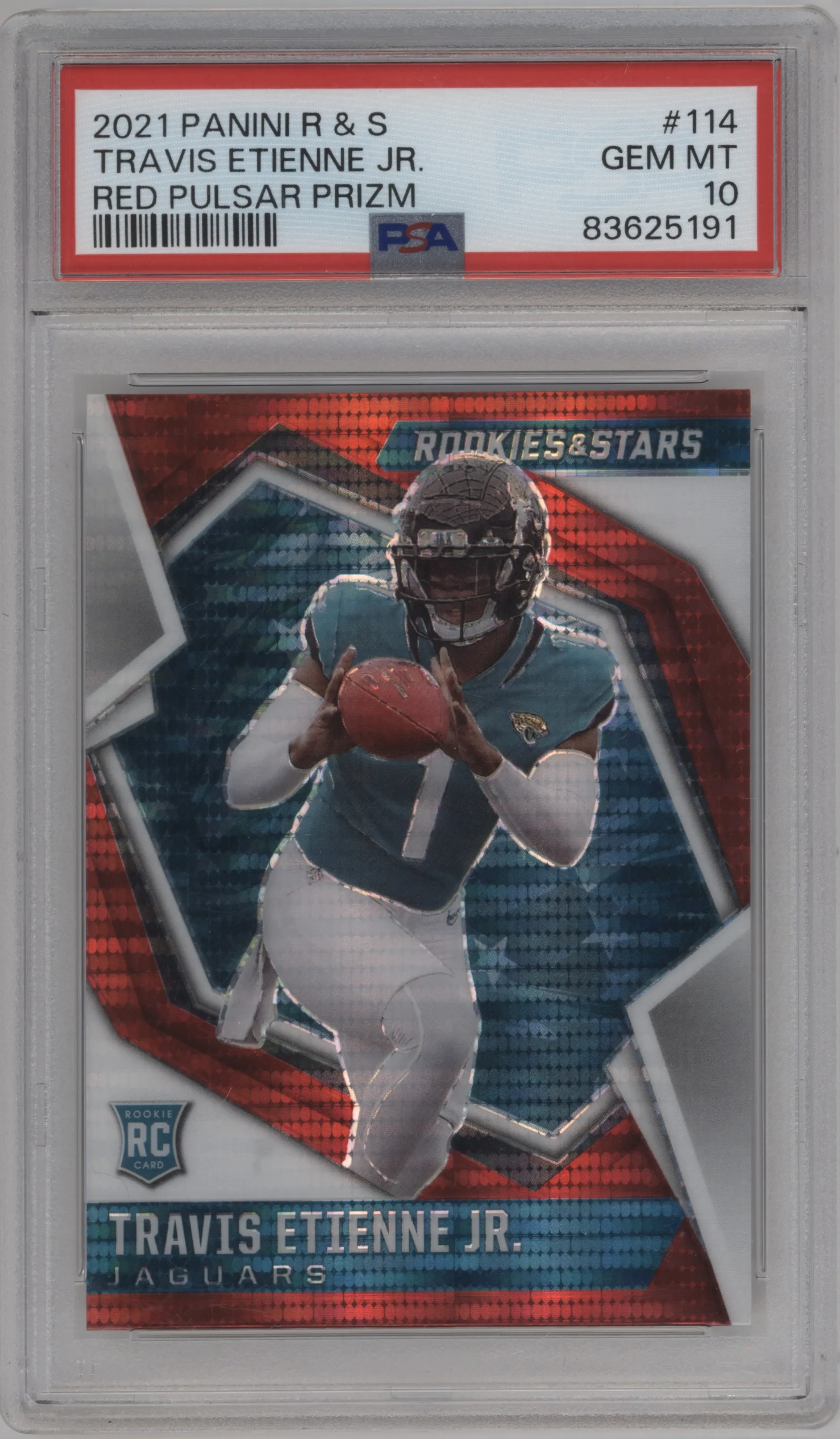 2021 Panini Rookies & Stars Travis Etienne Jr. Red Pulsar Prizm PSA 10