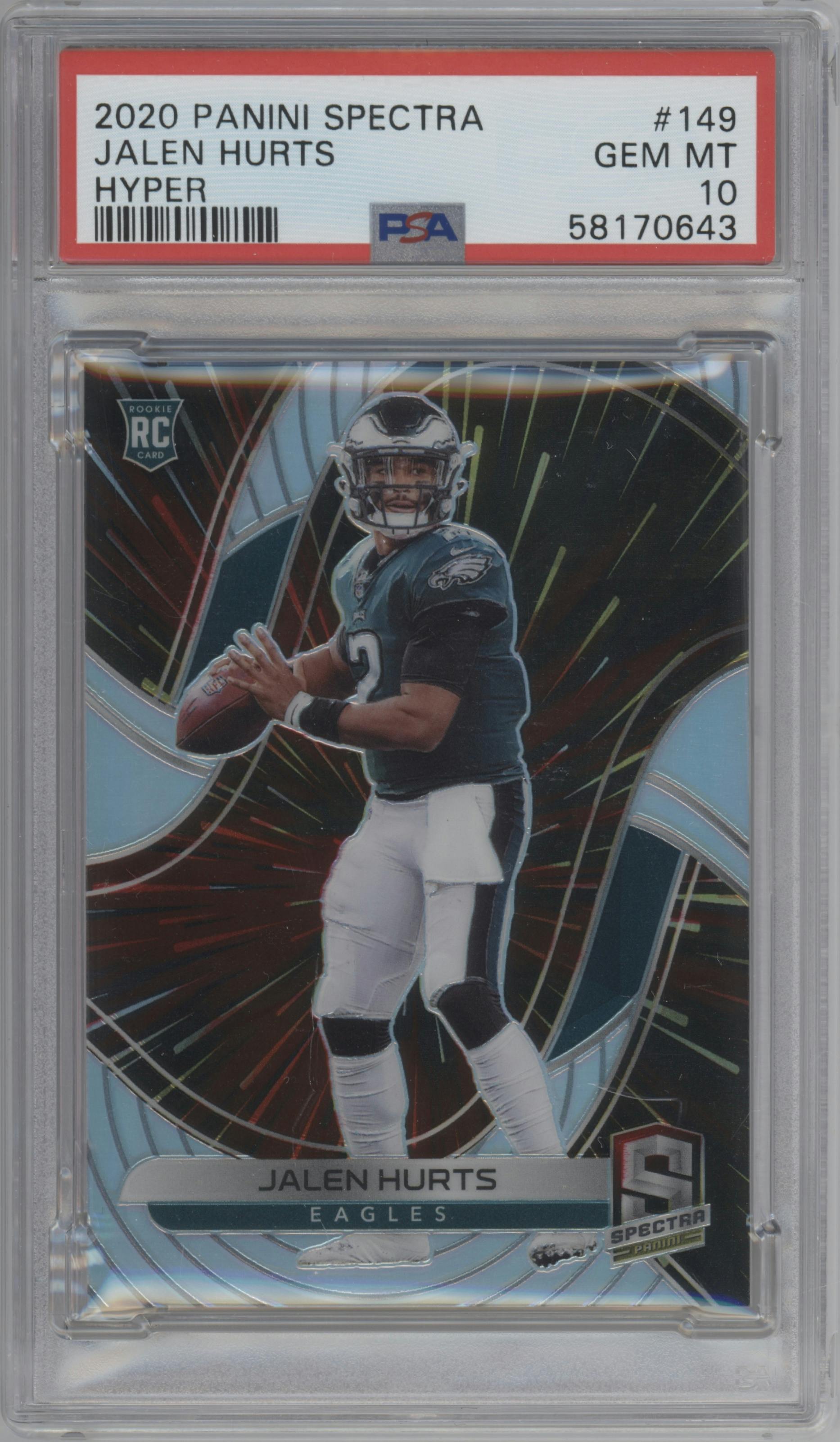 Jalen Hurts from the 2020 Panini Spectra set featuring a Hyper parallel graded by PSA and given an overall grade of 10.