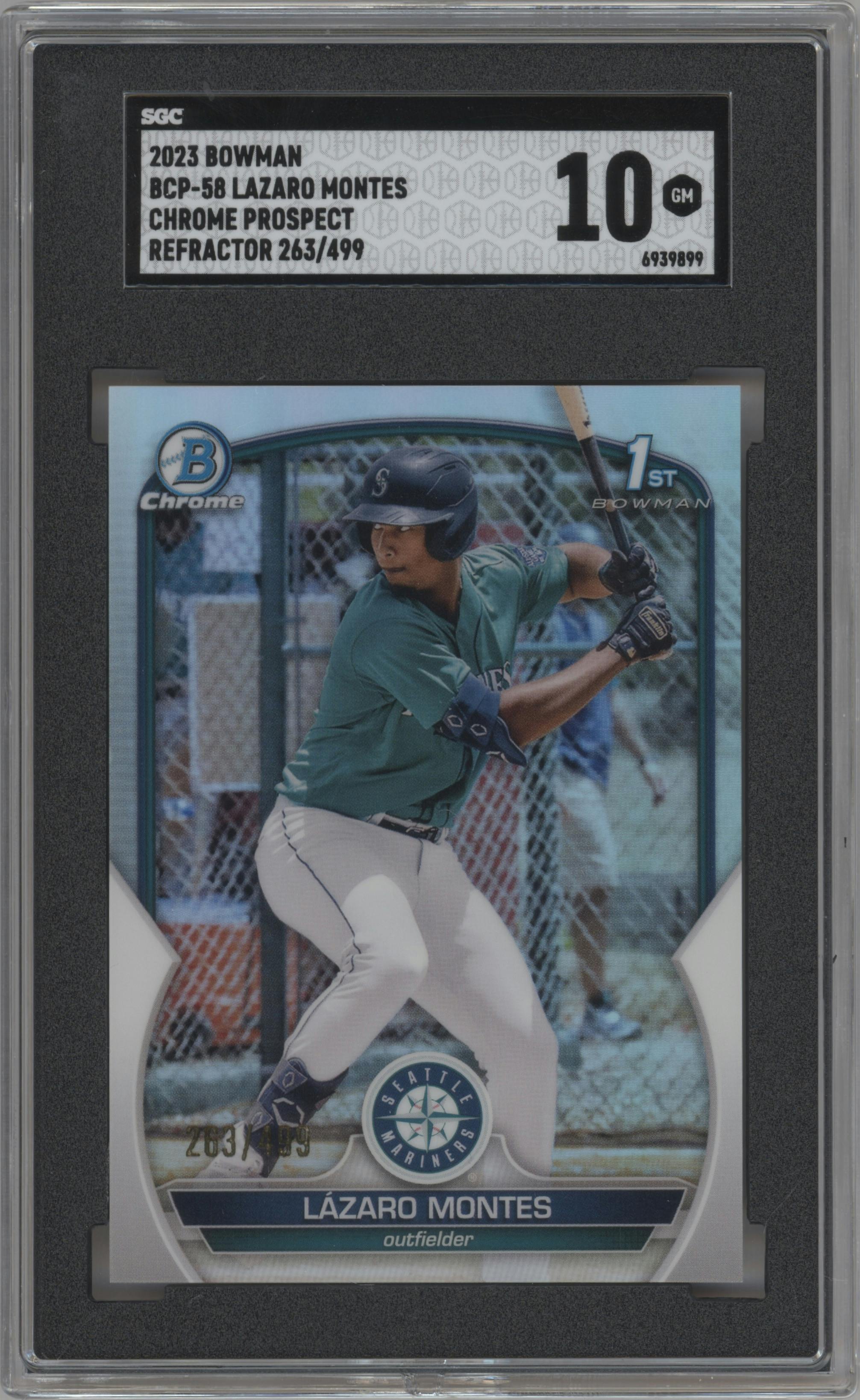 Lazaro Montes from the 2023 Bowman  set featuring a Refractor parallel graded by SGC and given an overall grade of 10.