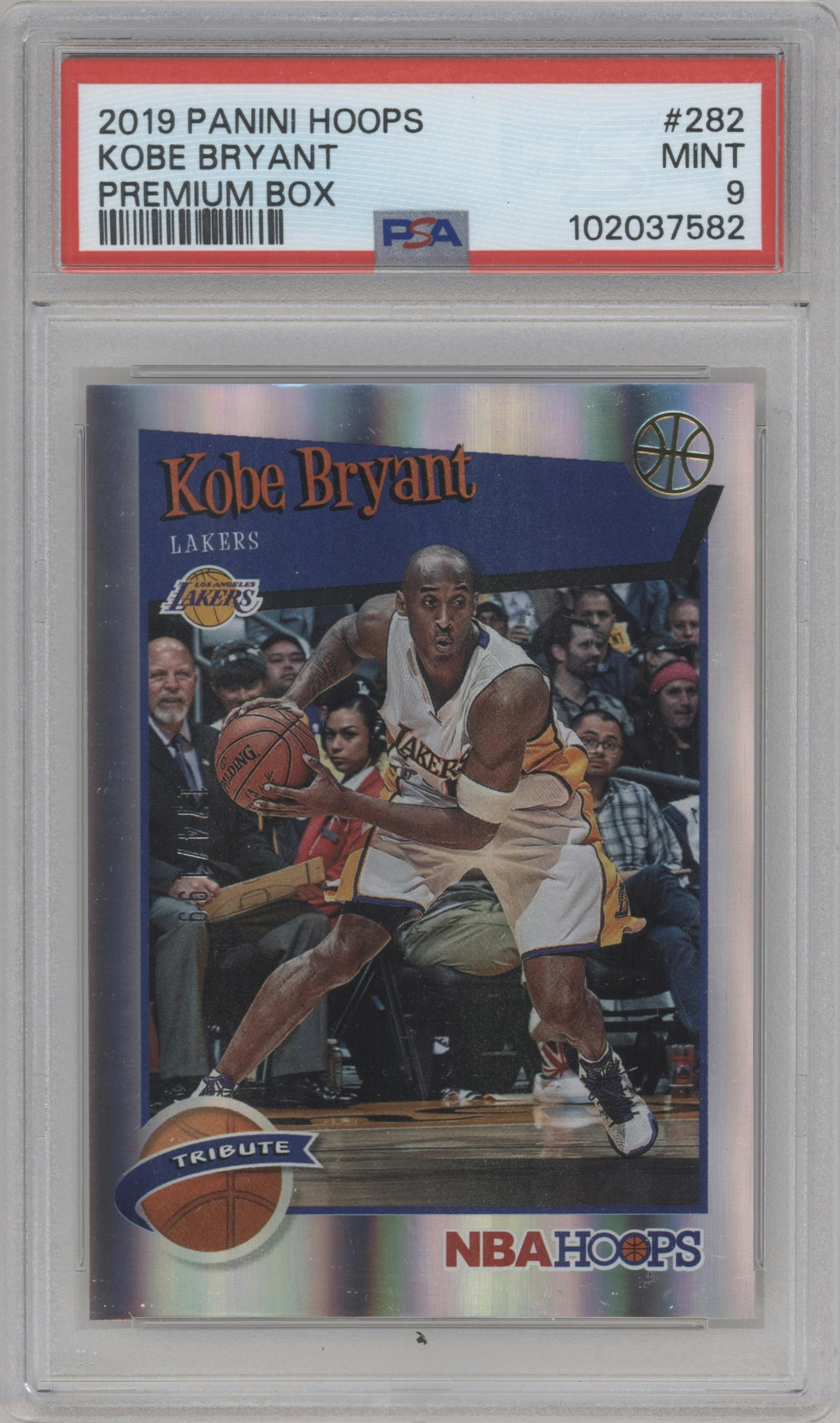 Kobe Bryant from the 2019-20 Panini NBA Hoops set featuring a Premium Box Set parallel graded by PSA and given an overall grade of 9.