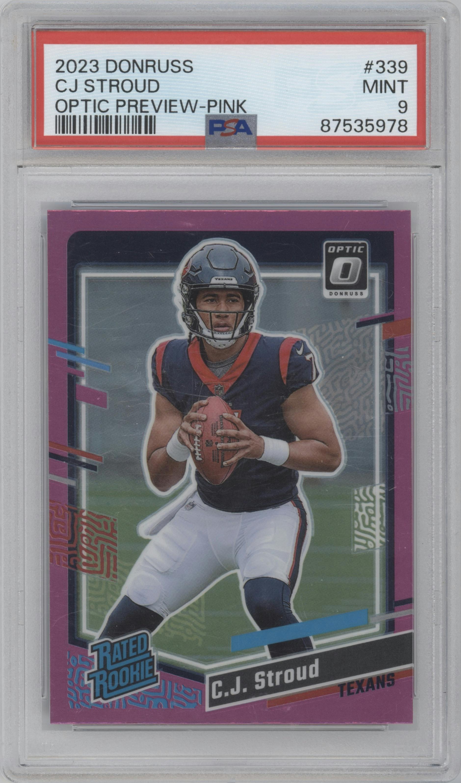 C.J. Stroud from the 2023 Panini Donruss set featuring a Pink parallel graded by PSA and given an overall grade of 9.