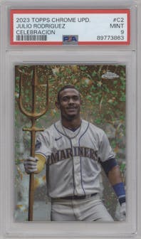 Julio Rodriguez from the 2023 Topps Chrome Update set graded by PSA and given an overall grade of 9.