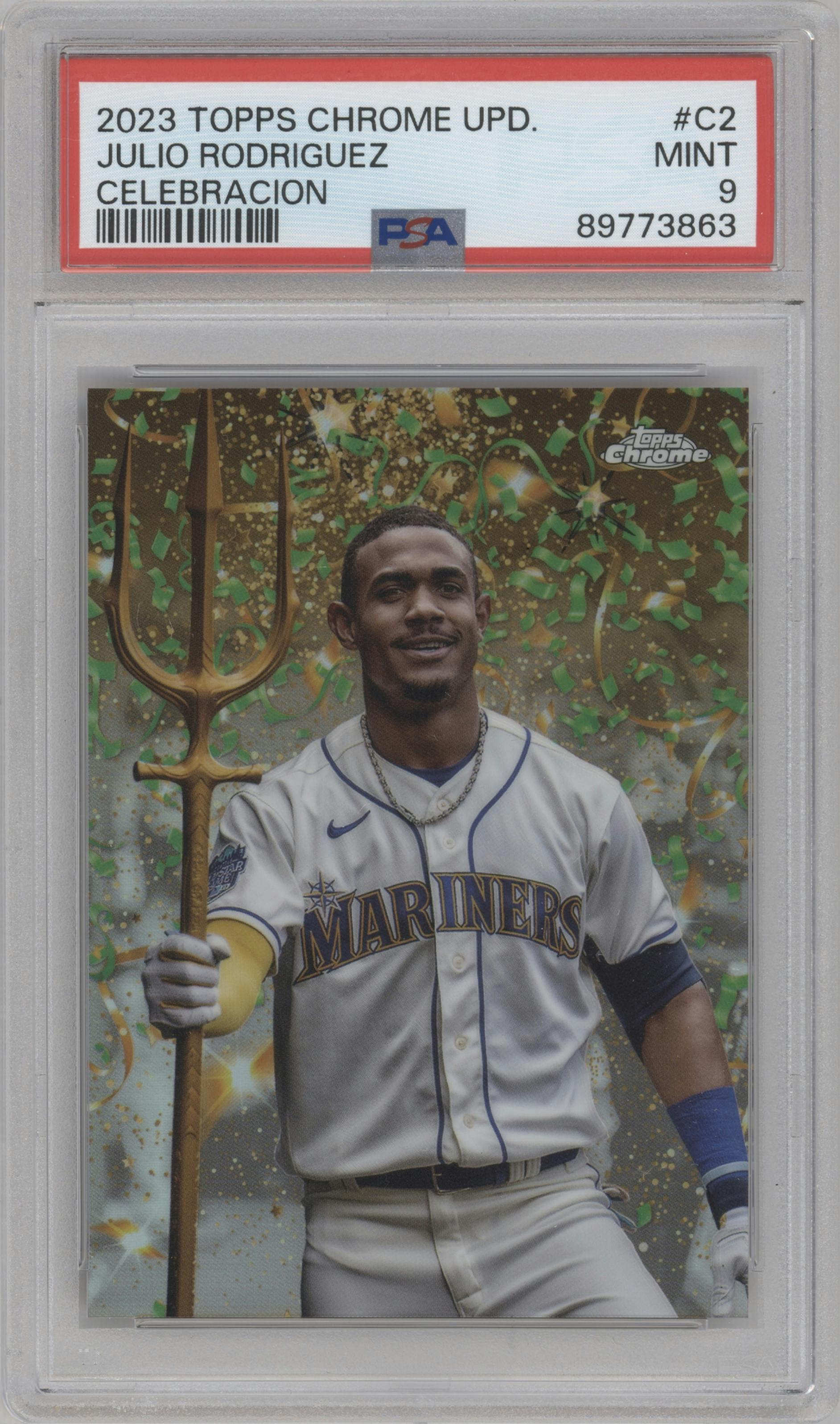 Julio Rodriguez from the 2023 Topps Chrome Update set graded by PSA and given an overall grade of 9.