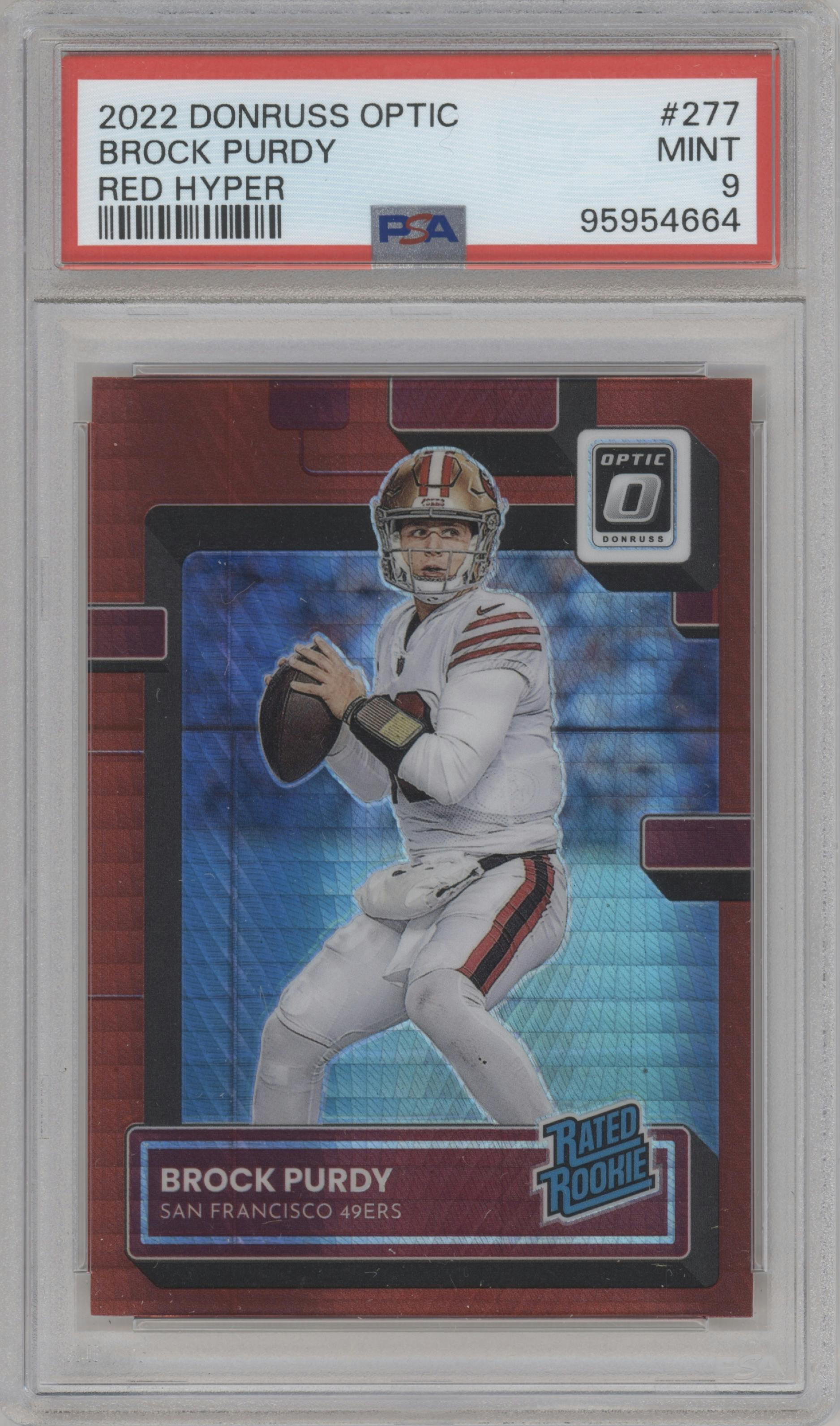 Brock Purdy from the 2022 Panini Donruss Optic set featuring a Hyper Red parallel graded by PSA and given an overall grade of 9.