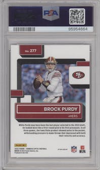 Brock Purdy from the 2022 Panini Donruss Optic set featuring a Hyper Red parallel graded by PSA and given an overall grade of 9.