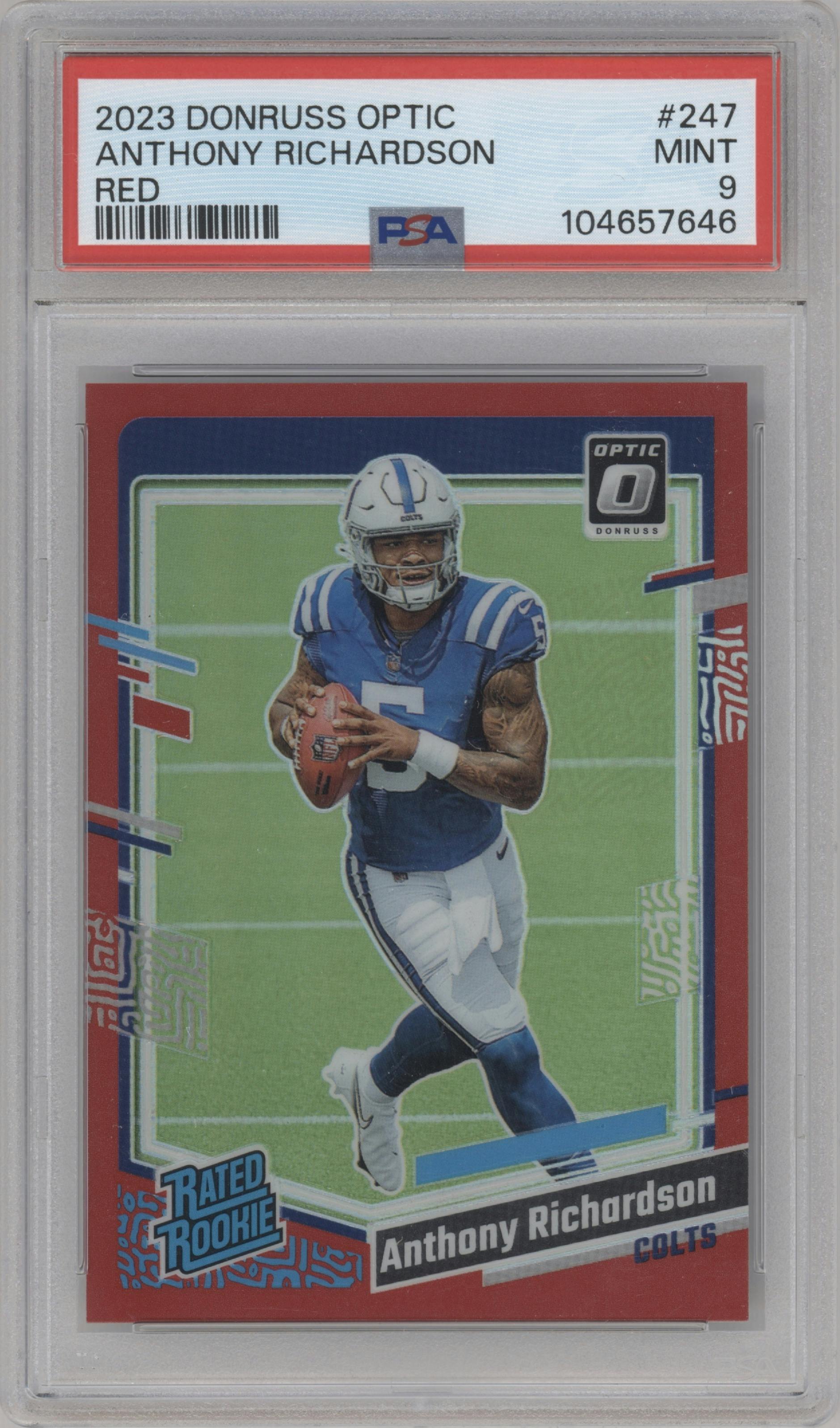 Anthony Richardson from the 2023 Donruss Optic set featuring a Red parallel graded by PSA and given an overall grade of 9.