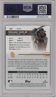 Fernando Tatis Jr. from the 2024 Topps Pristine set featuring a Purple Pristine Pulsar Refractor parallel graded by PSA and given an overall grade of 10.