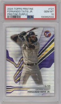 Fernando Tatis Jr. from the 2024 Topps Pristine set featuring a Purple Pristine Pulsar Refractor parallel graded by PSA and given an overall grade of 10.